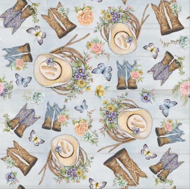 Cowboy Cowgirl Tossed Boots Springs Creative - Highland Ranch by Susan Winget Designs Cotton Fabric- 100% Cotton - Fabric- continuous cuts