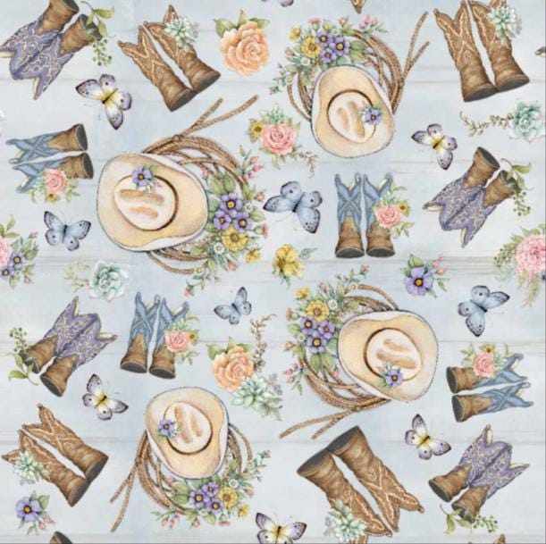 Cowboy Cowgirl Tossed Boots Springs Creative - Highland Ranch by Susan Winget Designs Cotton Fabric- 100% Cotton - Fabric- continuous cuts