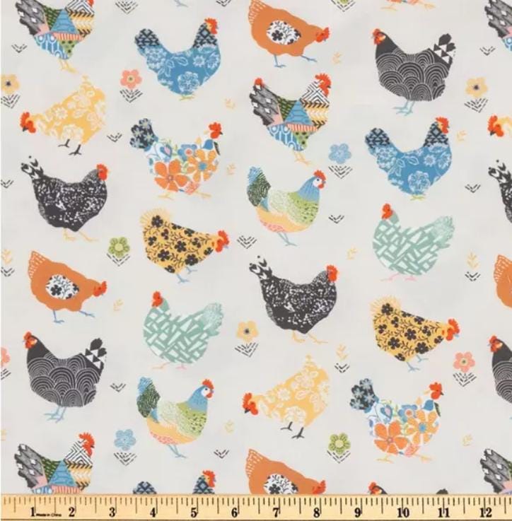 Patterned Chickens Cotton Fabric - 100% Cotton Continuous Cuts