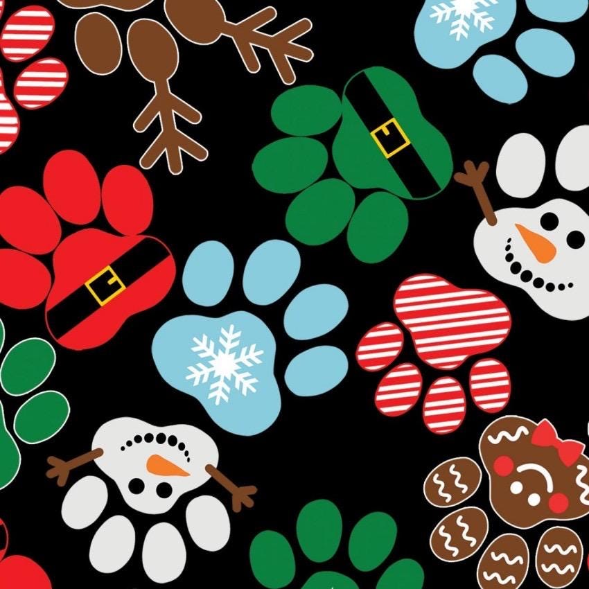 Santa Puppies Paw Print Christmas Fabric 100% Cotton- Continuous cuts