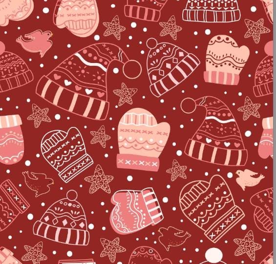 Coral Pink Winter Holiday Hats on Red Cotton Fabric - 100% Cotton - Continuous cuts DA-3981003