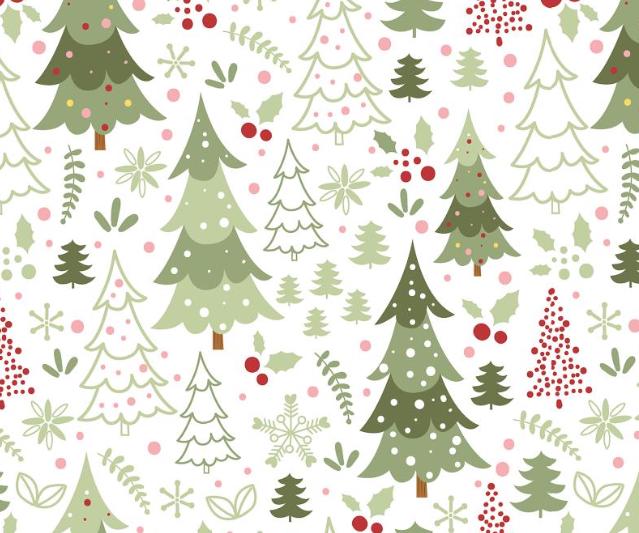 Winter Holiday Trees on White Cotton Fabric - 100% Cotton - Continuous cuts DA-3981016