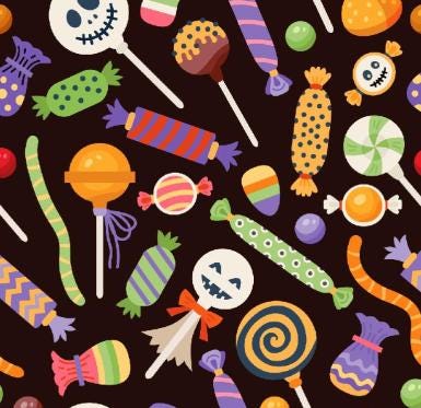Halloween Treats on Black Cotton fabric -Fall- autumn -100% Cotton -