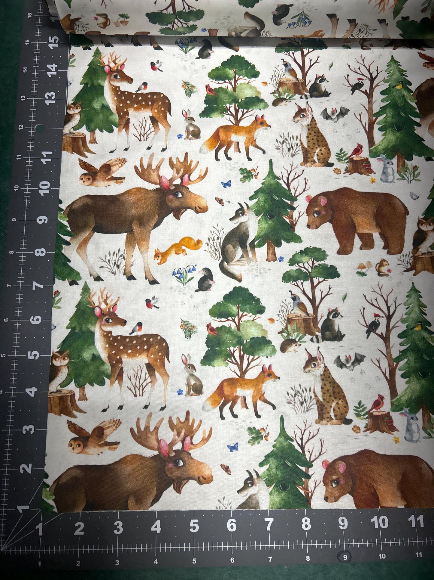 Who Lives in the Woods? Cotton fabric- - 100% Cotton - Continuous cuts- Deer Bear Bird Bunny Elizabeth Studios Fabric