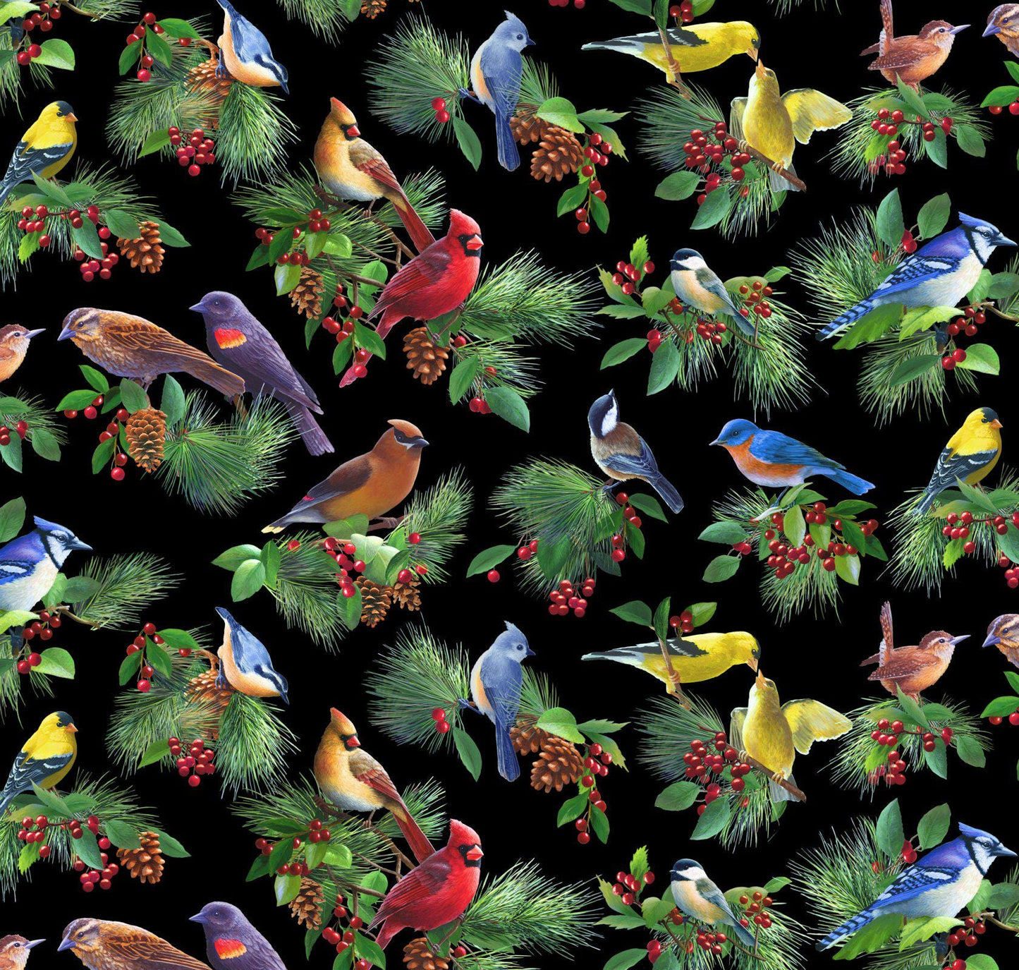 Birds and Berries Fabric -100% Cotton - continuous cuts ES-Birds and Berries 40004 Black - Allover Birds