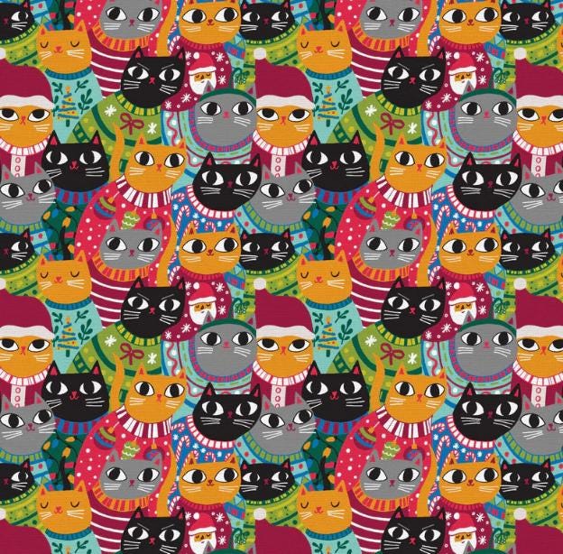 Christmas Sweater Cats Fabric - Fat Quarters- 100% Cotton-by the 1/2 yard Paintbrush Studio Fabric