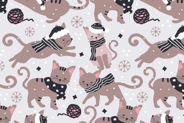Winter Cats Christmas Holiday Cotton Fabric - 100% Cotton - Continuous cuts