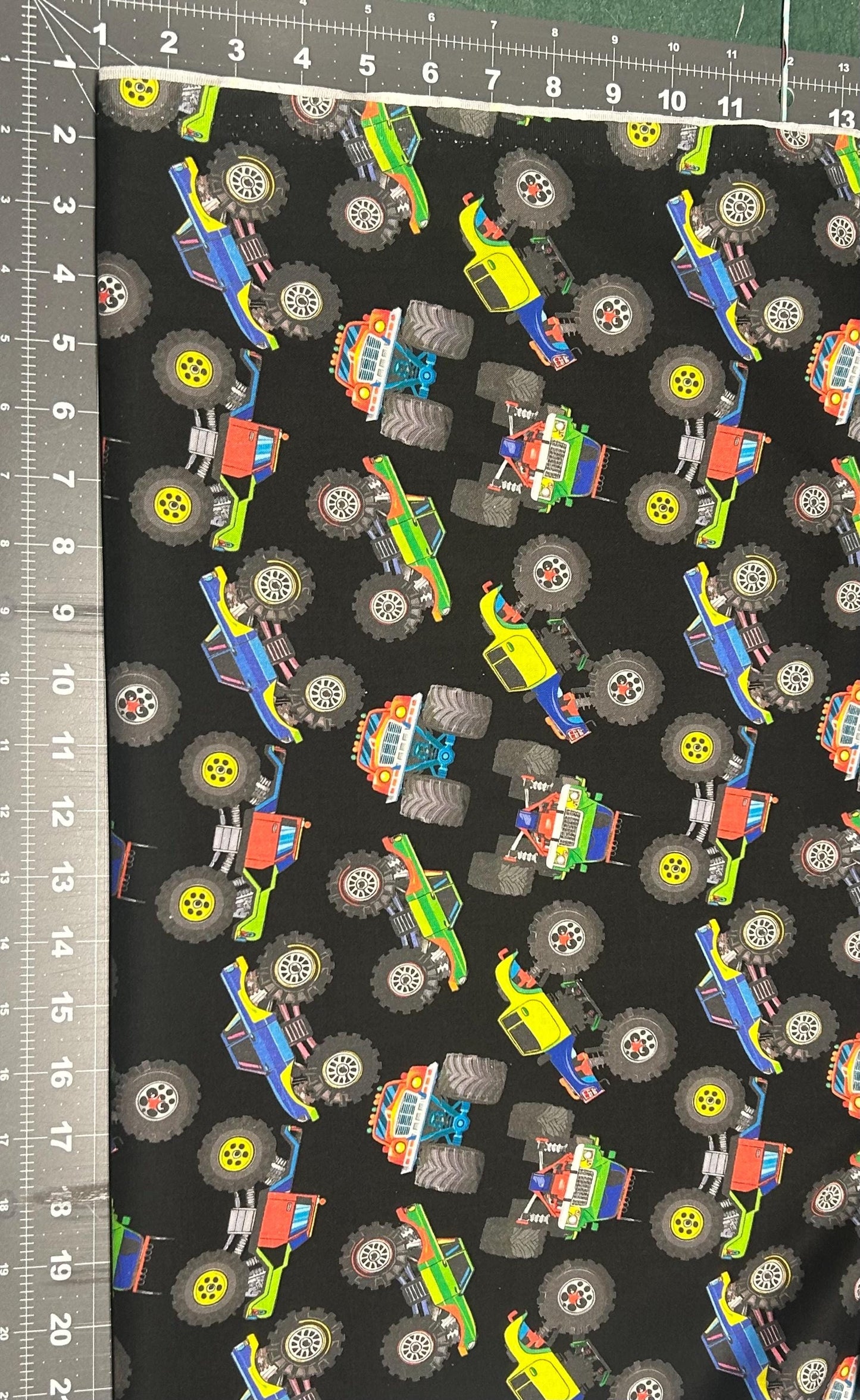 Monster Trucks on Black Fabric 100% Cotton -Continuous Cuts - Drewie Pie Fabrics Exclusive print Planes, Trains, Trucks