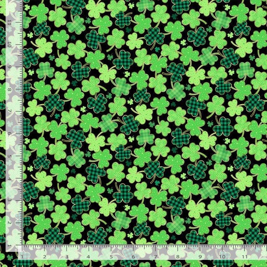 St. Patrick’s Day Plaid Shamrocks on Black Cotton fabric - 100% Cotton - continuous cuts - Timeless Treasures