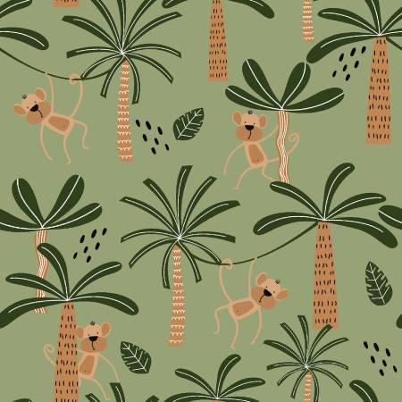 Monkey Around Green - Wild Safari cotton fabric- continuous cuts- 100% Cotton