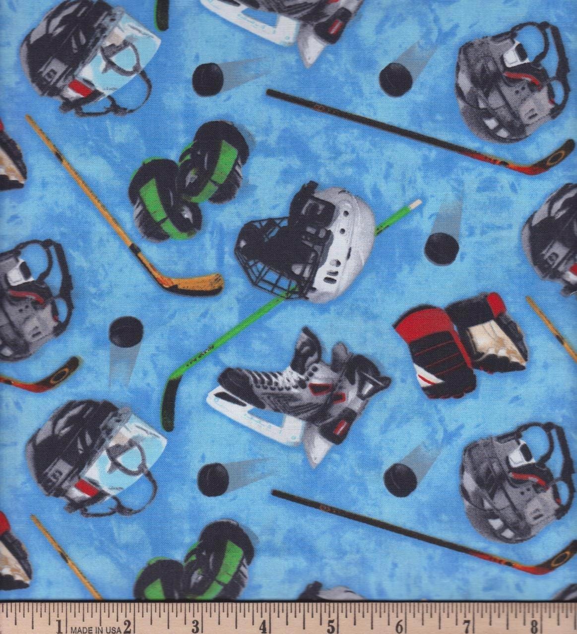 Blue hockey Equipment 100% Cotton Fabric - Hockey Helmets Continuous Cuts