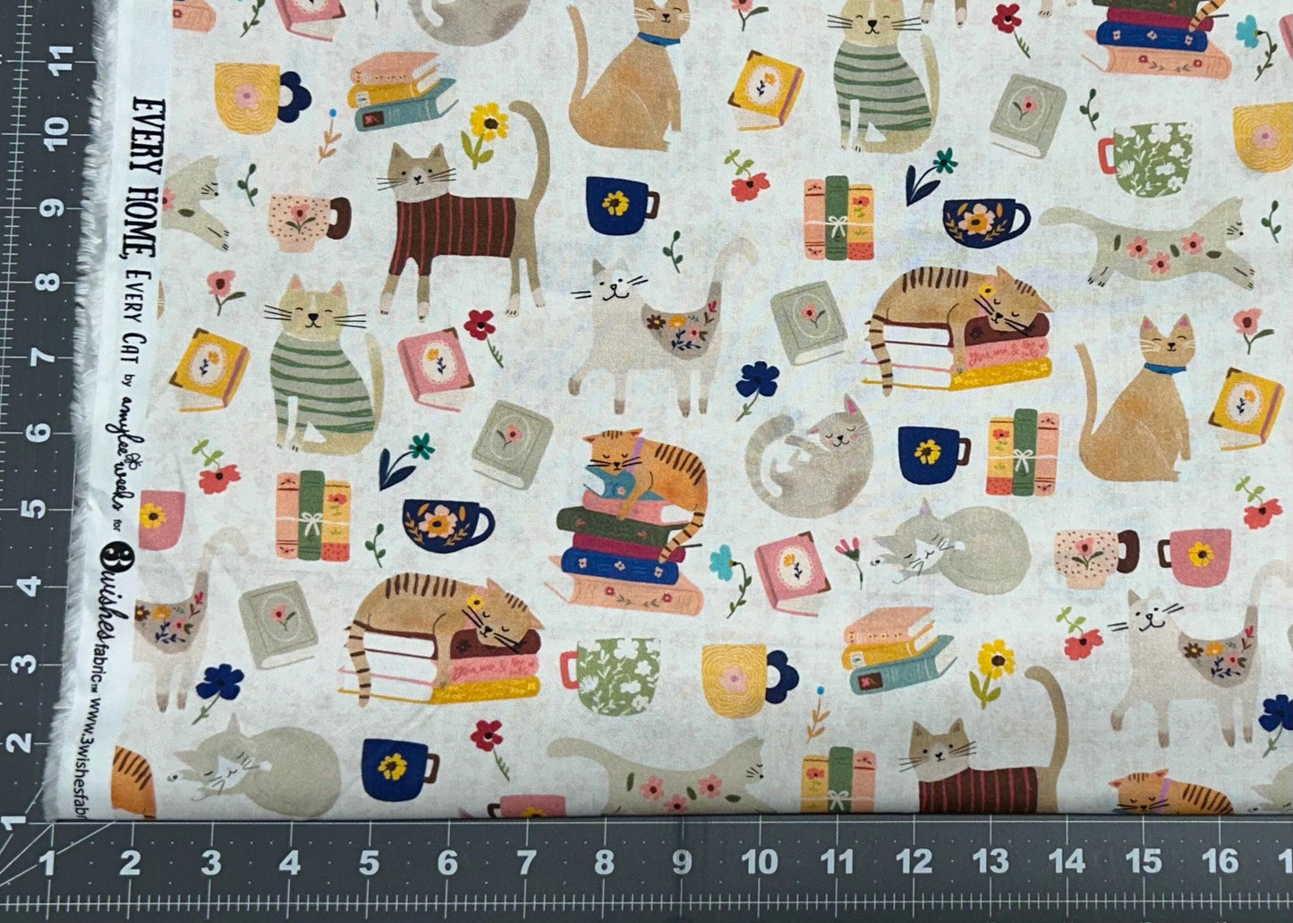 Every Home Every Cat Books and Coffee Cotton Fabric- 100% Cotton - Fabric - Cat Fabric 3 Wishes Fabrics CAT 24180