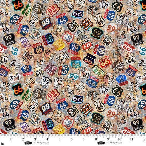 Historic Highway (Digital) 4479-95 Tan - Route 66 Signs Cotton Fabric 100% Cotton - continuous cuts Planes, Trains, Trucks