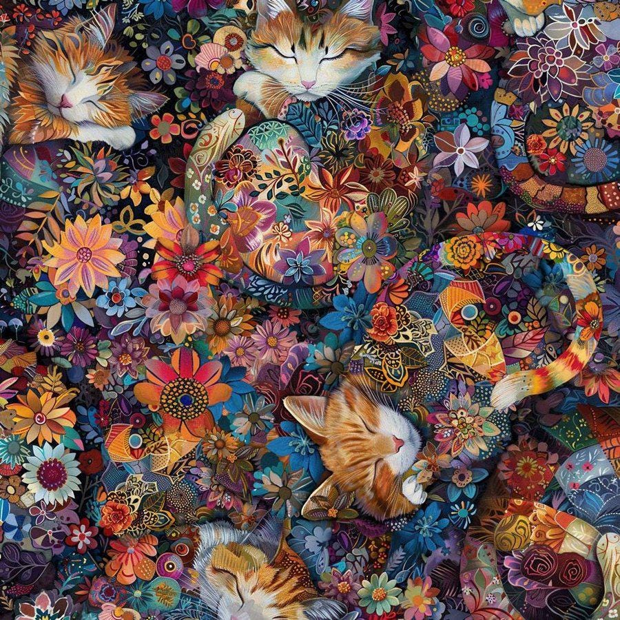 Calico Cat Floral 100% Cotton - TT-Cat CD4113 Multi Continuous Cuts