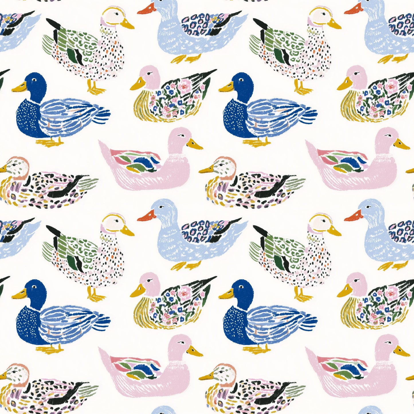 Watercolor Ducks on White Cotton fabric- Continuous cuts- 100% Cotton-