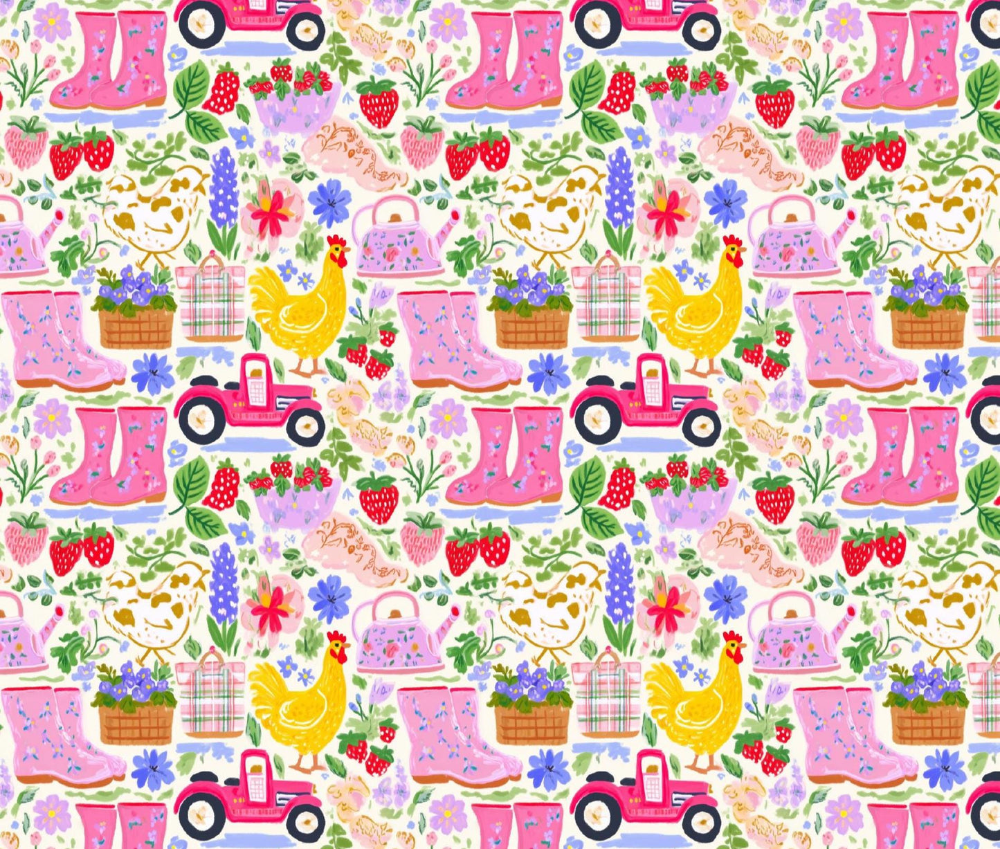 Pink Farm Watercolor Cotton fabric- Continuous cuts- 100% Cotton-