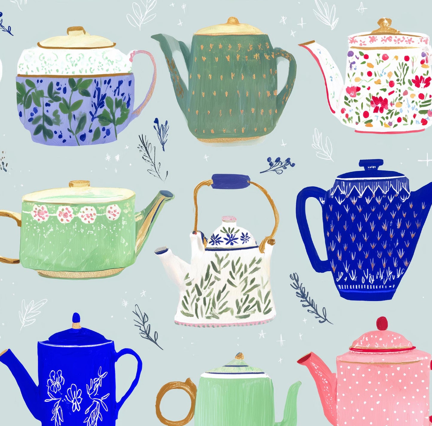 Teapot Teatime Cotton Fabric- 100% Cotton Continuous Cuts - Drewie Pie Fabrics