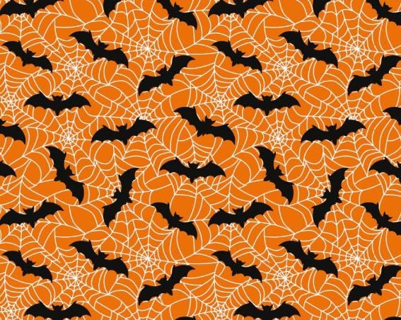 Bats & Webs on Orange Halloween 100% Cotton Fabric - Drewie Pie Fabrics