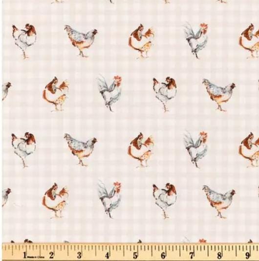 Vintage Chickens on Gingham Ccotton Fabric - 100% Cotton Continuous Cuts