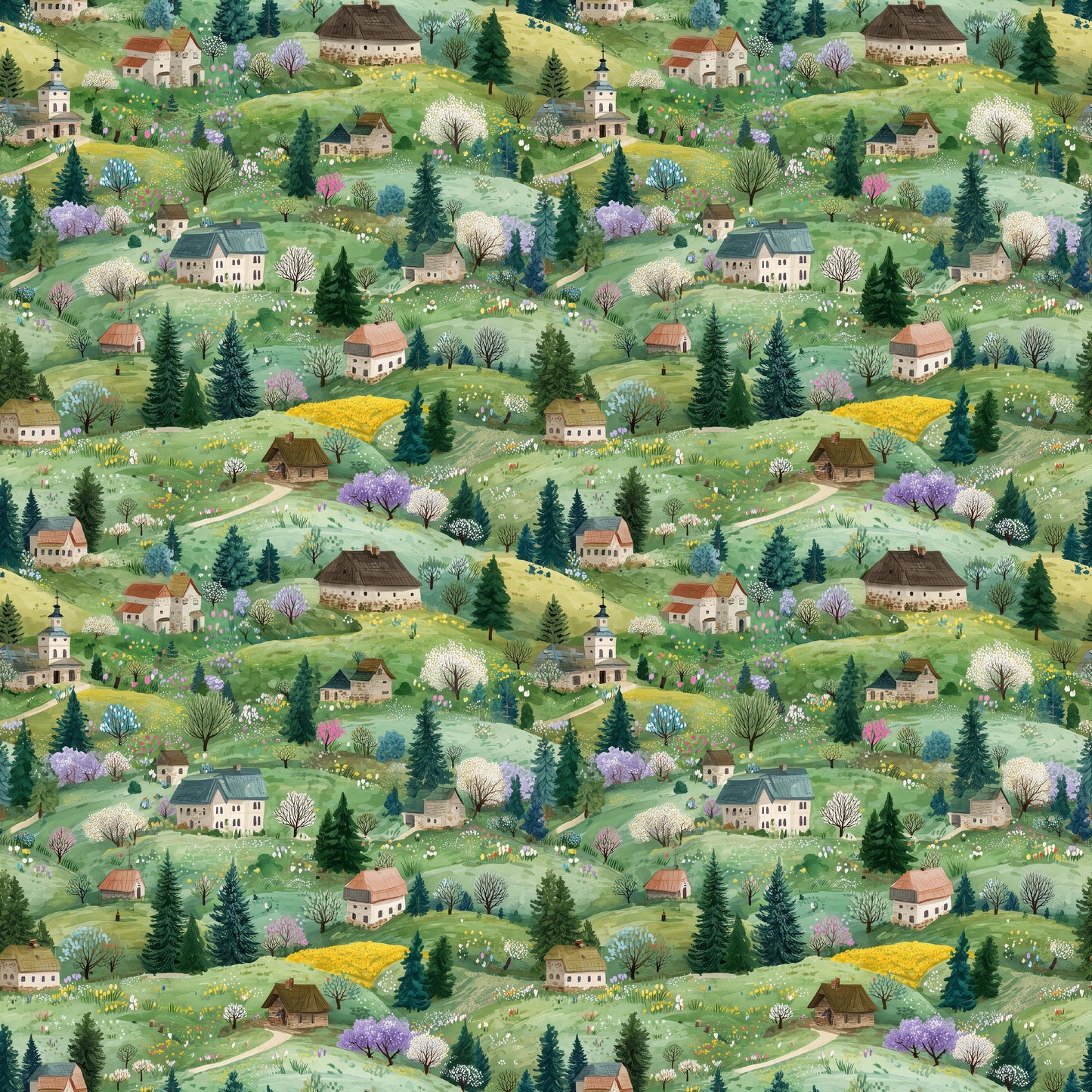 Country Meadow Village Cotton fabric 100% Cotton