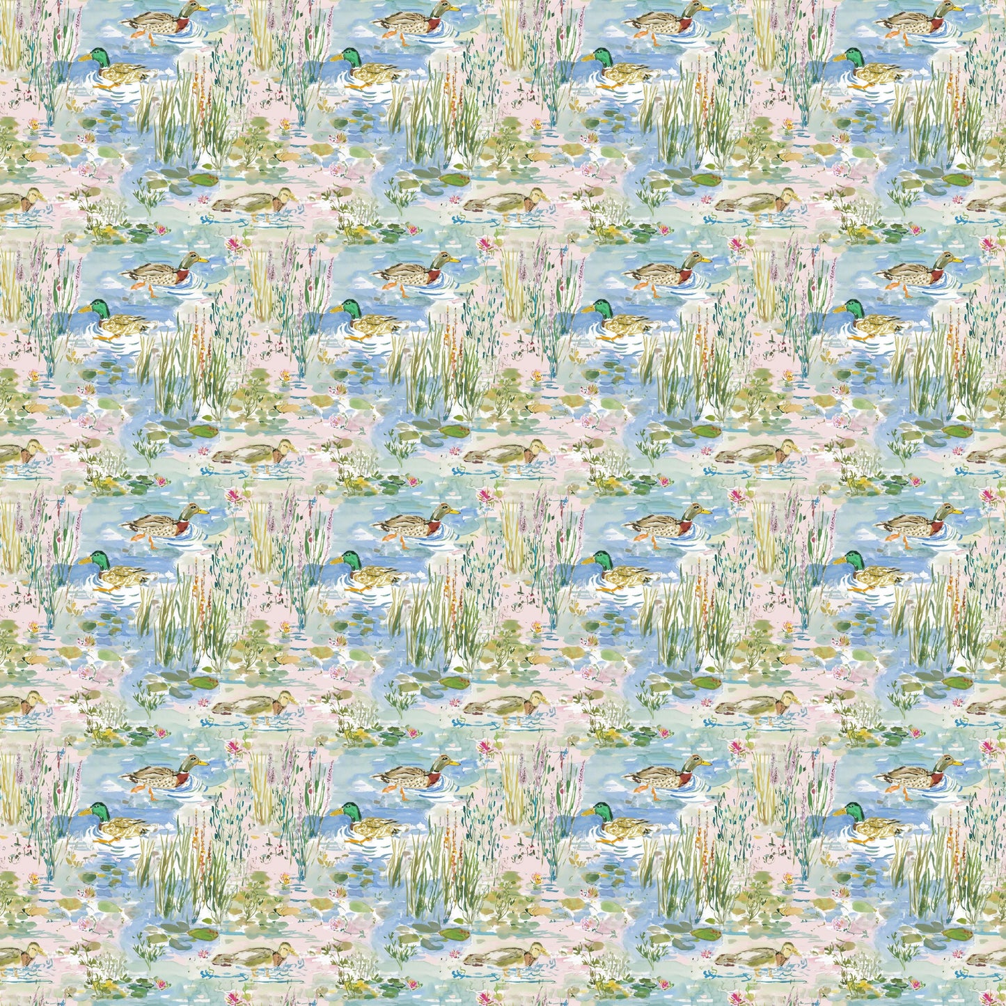 Watercolor Ducks & Pond Cotton fabric- Continuous cuts- 100% Cotton-