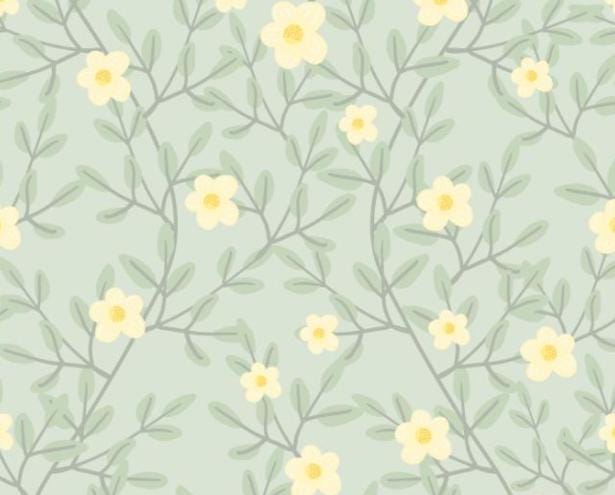 Yellow Floral on Pale Green Cotton Fabric- 100% Cotton Continuous Cuts - Drewie Pie Fabrics