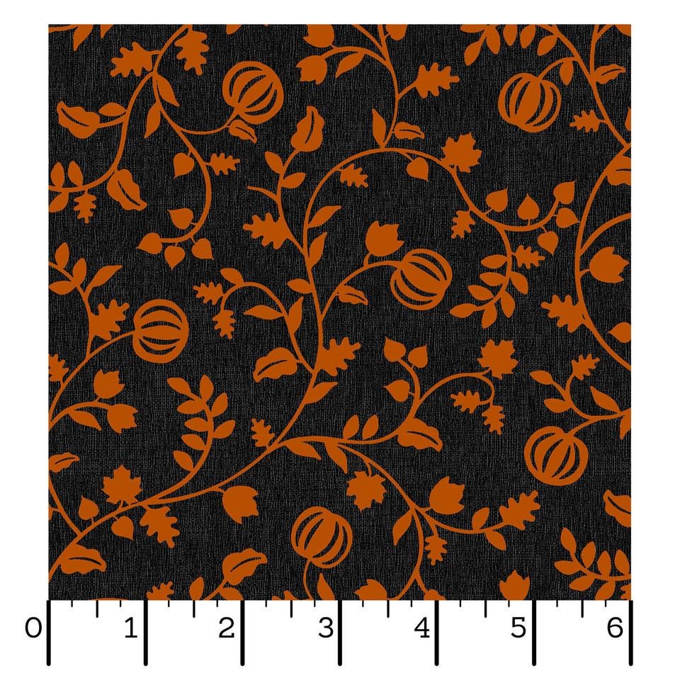 Orange Pumpkin Vines Black Halloween Fabric - 100% Cotton - Continuous cuts Pumpkin Grove Pumpkin Vines - Orange MAS11184-JO