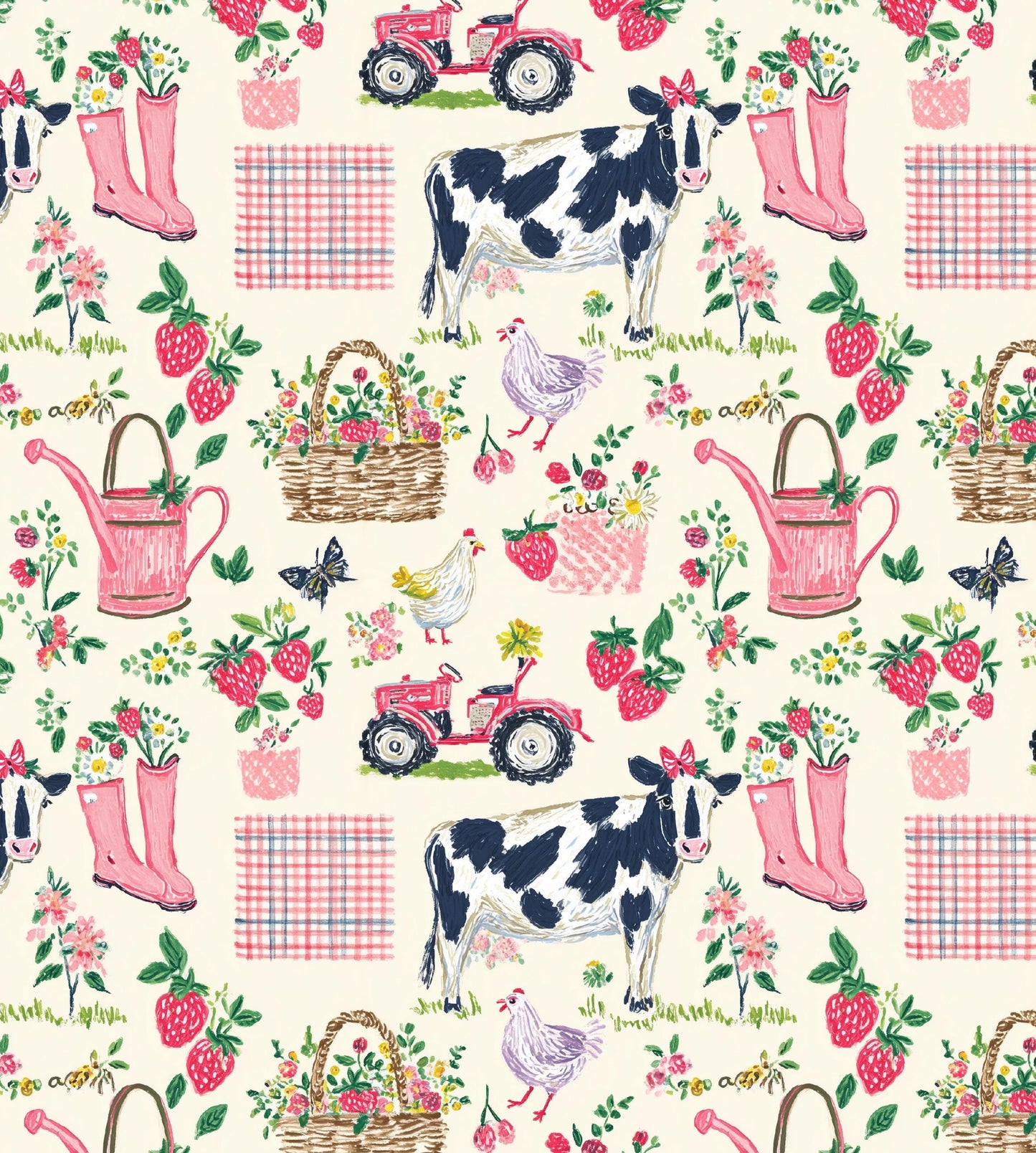Watercolor Farm Cow Rainboots Cotton fabric- Continuous cuts- 100% Cotton-