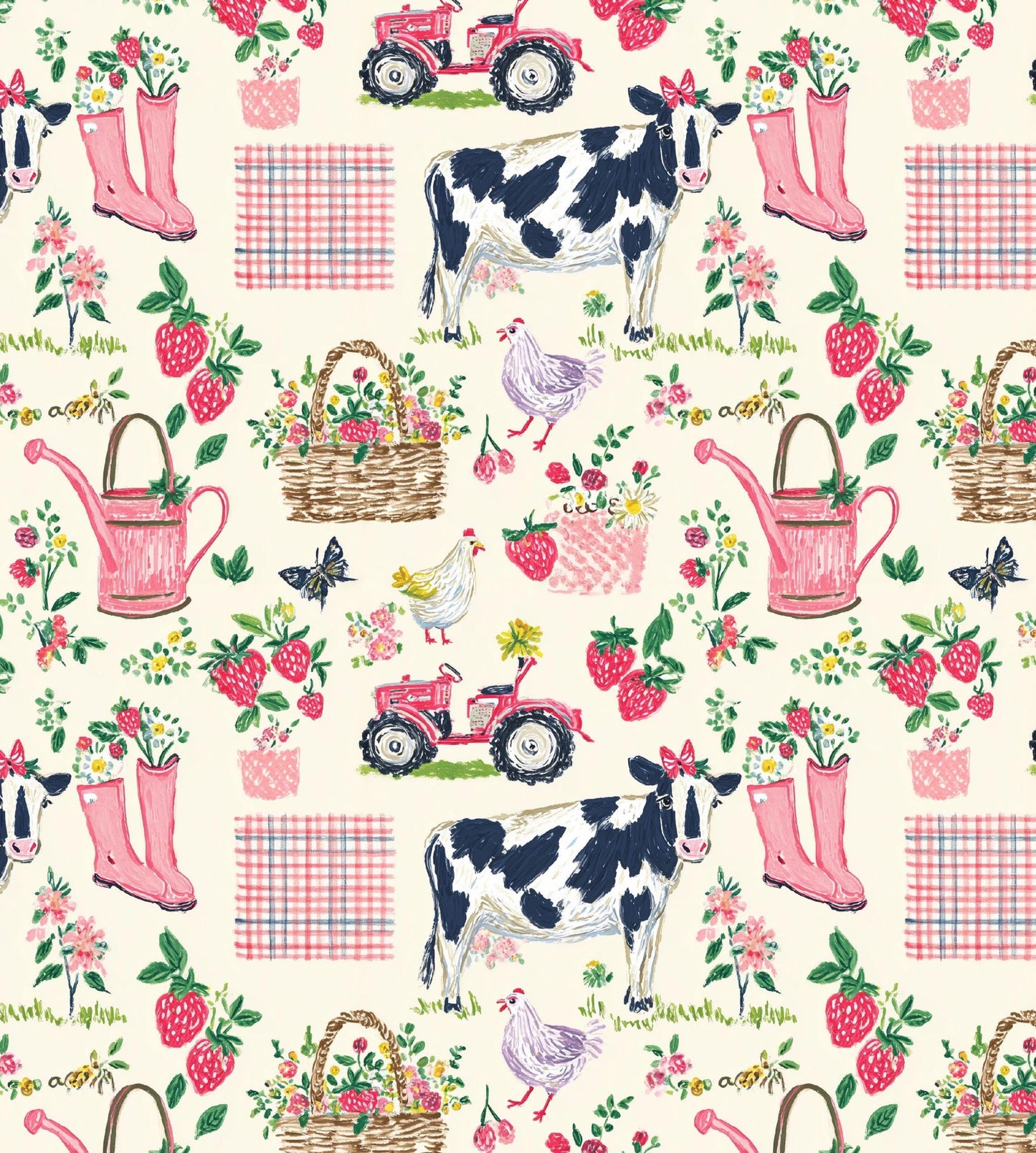 Watercolor Farm Cow Rainboots Cotton fabric- Continuous cuts- 100% Cotton-