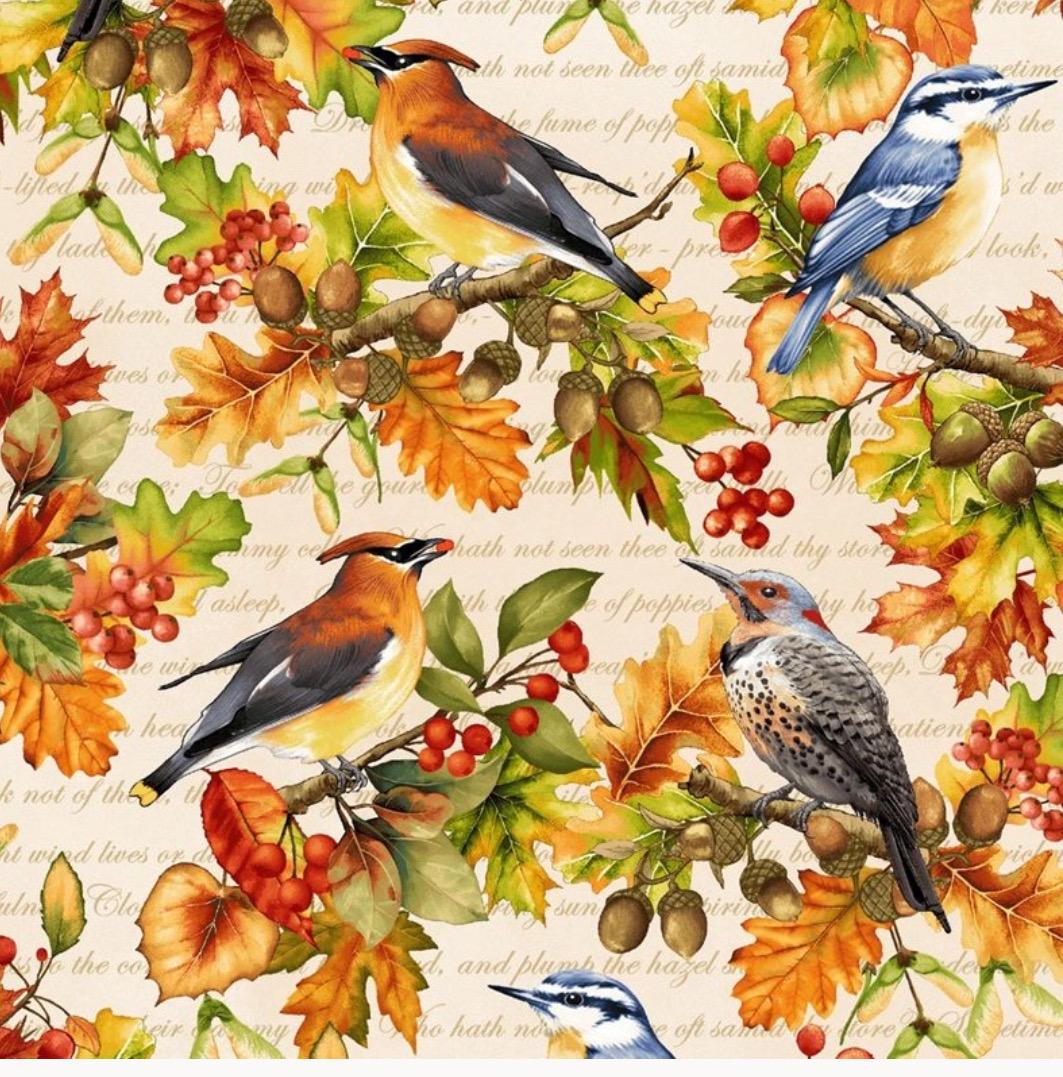 HG-Oak and Berries Digitally printed 3653-44 Cream/Multi - Allover Birds and Leaves Cotton Fabric- 100% Cotton - Autumn