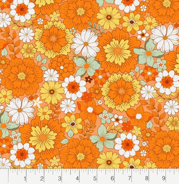 Fabric Editions Orange Retro Revival Cotton Fabric 100% Cotton Fabric -Continuous Cuts- Fast shipping!