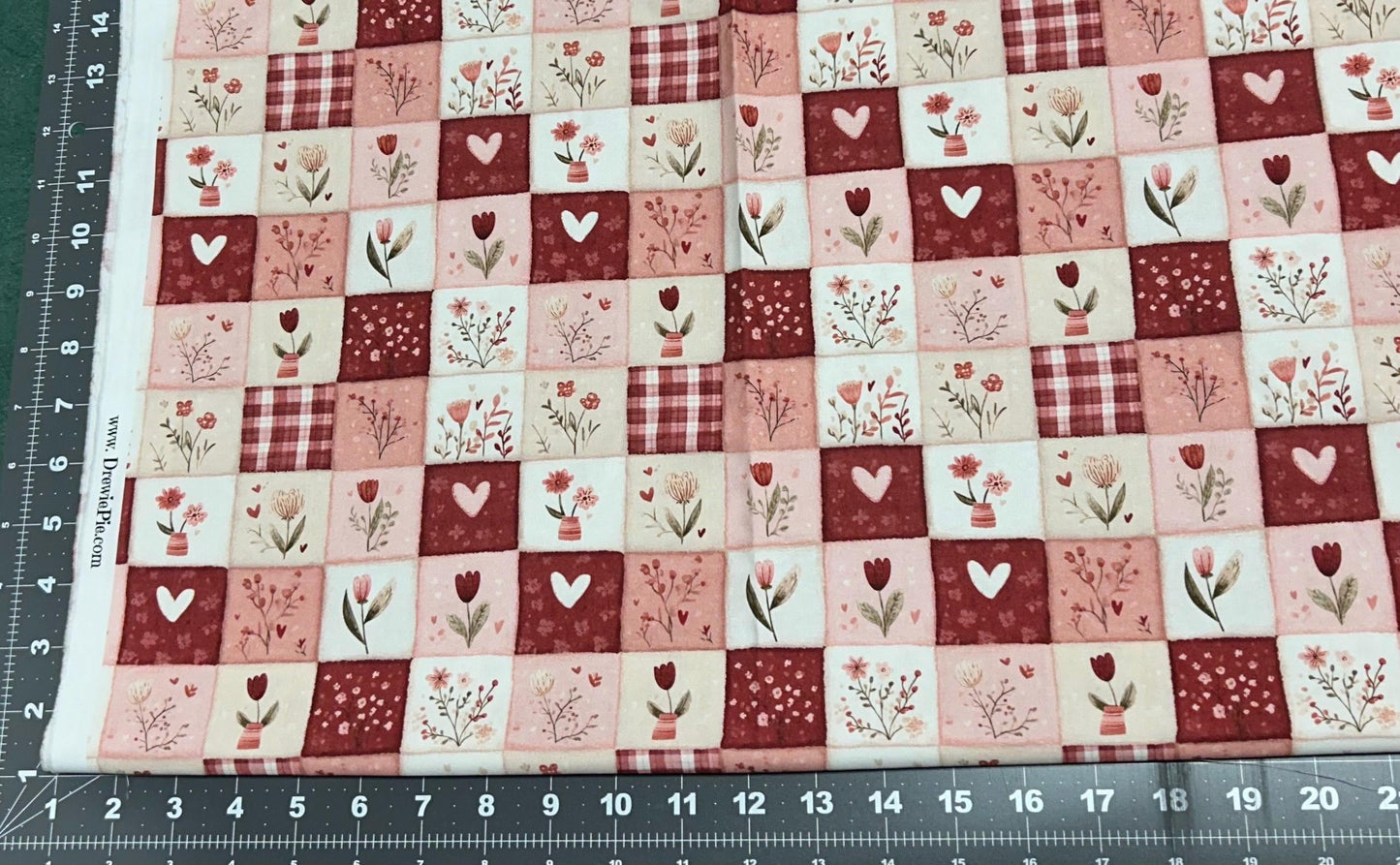 Floral Valentines Patchwork by DigiBunnyStudio Cotton Fabric- 100% Cotton Continuous Cuts Drewie Pie Fabrics - Floral Tiles Stamps