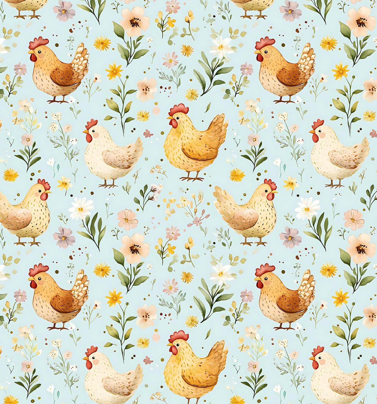 Floral Blue Chickens Cotton fabric- Continuous cuts- 100% Cotton- Drewie Pie Fabrics