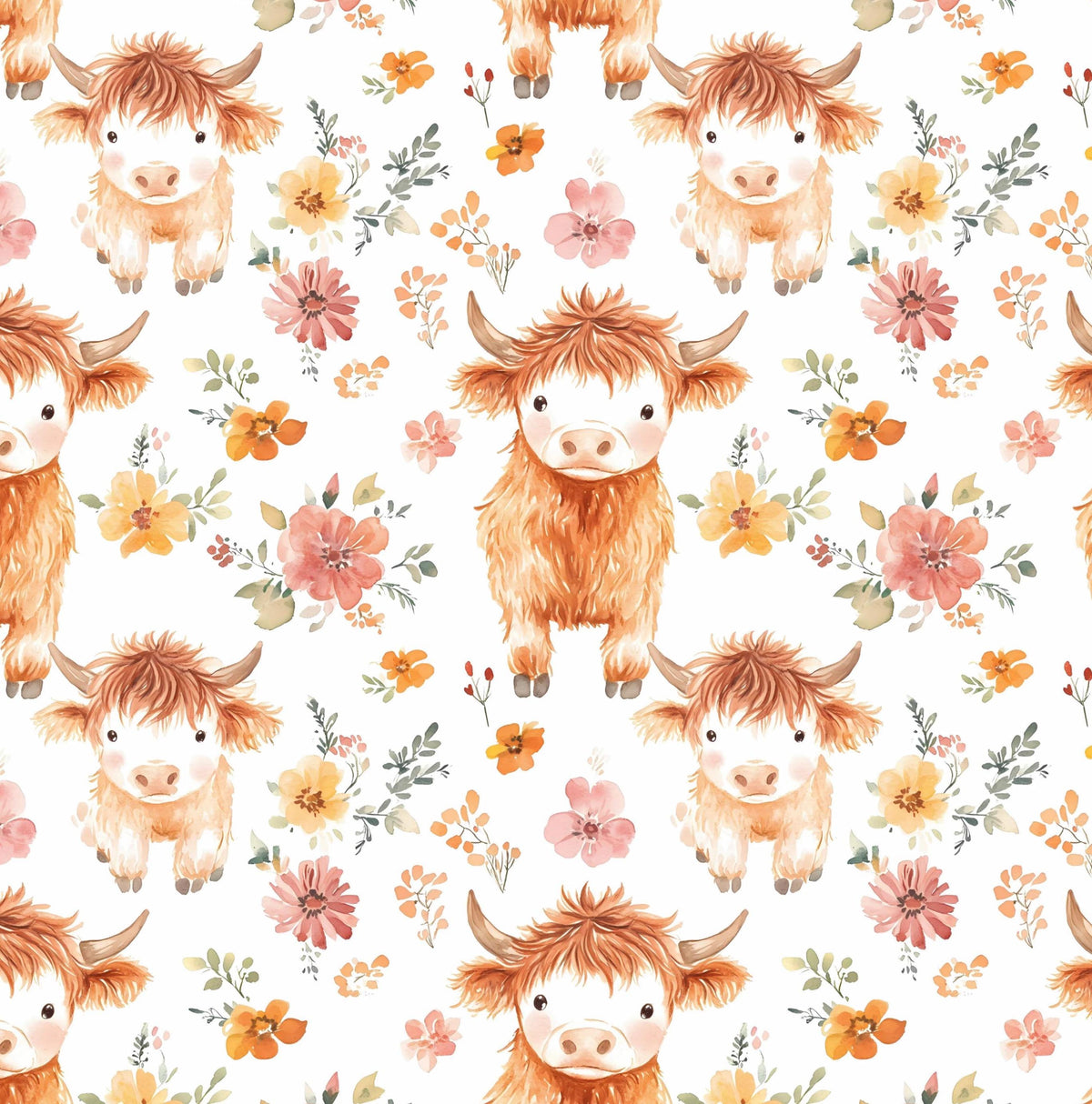 Cute Floral Highland Cows Fabric - 100% Cotton - Fabric- continuous cuts - Drewie Pie Fabrics