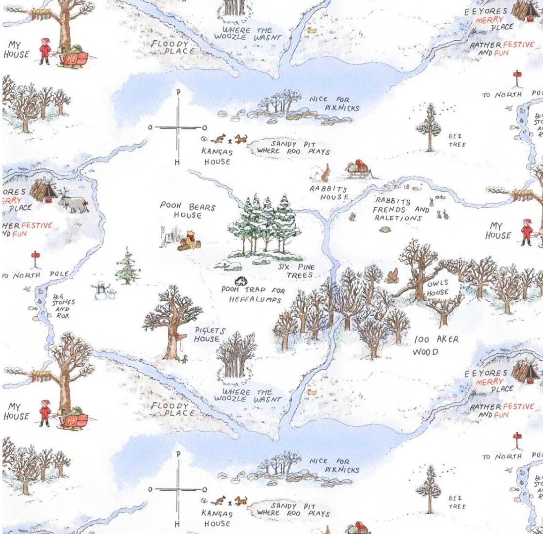 Christmas Winnie the Pooh Bear Fabric 100% Cotton - Licensed Fabric Christmas at Pooh Corner