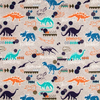 Dinosaurs on grey - Fat Quarter - 100% Cotton - Navy - Orange - Blue