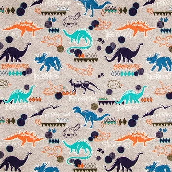Dinosaurs on grey - Fat Quarter - 100% Cotton - Navy - Orange - Blue