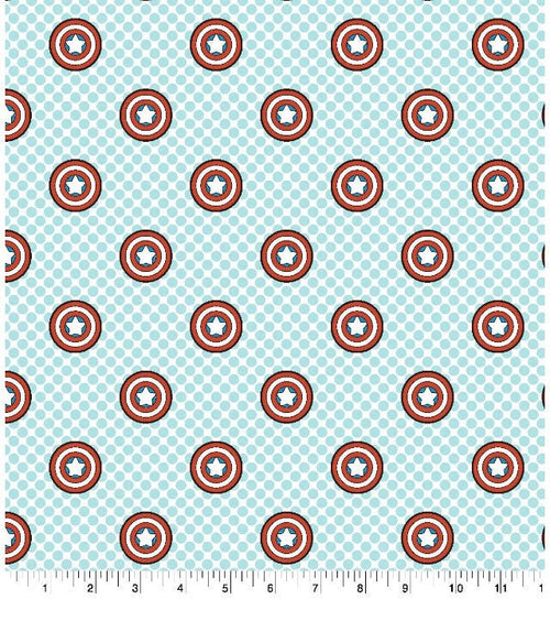 Captain America shields on lighter blue - Cotton Fabric-100% Cotton Fabric- Continuous cuts by the 1/2 yard increment