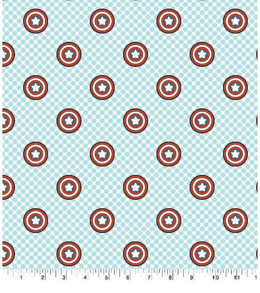 Captain America shields on lighter blue - Cotton Fabric-100% Cotton Fabric- Continuous cuts by the 1/2 yard increment