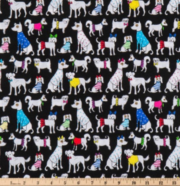 Party Dogs on black Fabric  100% Cotton - Continuous Cuts