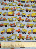 Construction trucks on gray fabric- 100% Cotton - Ready Set Go!