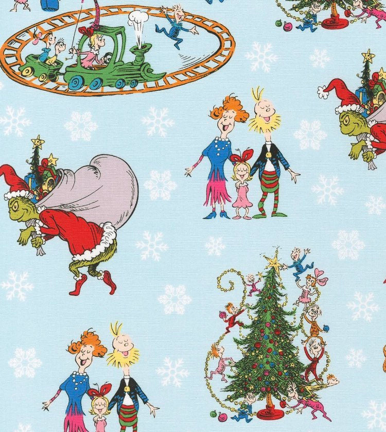 Grinch Christmas character Trees & Trains on light blue fabric 100% Cotton -
