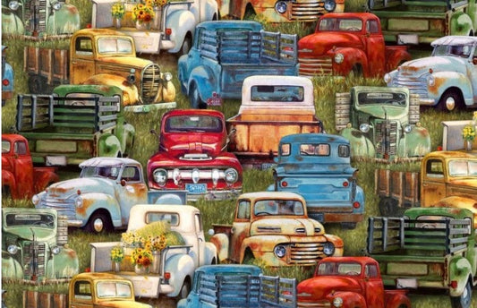 Vintage Trucks cotton fabric- Multi- 100% Cotton -Planes, Trains, Trucks