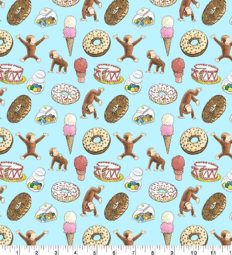 Curious George donuts on blue -Fabric -100% Cotton