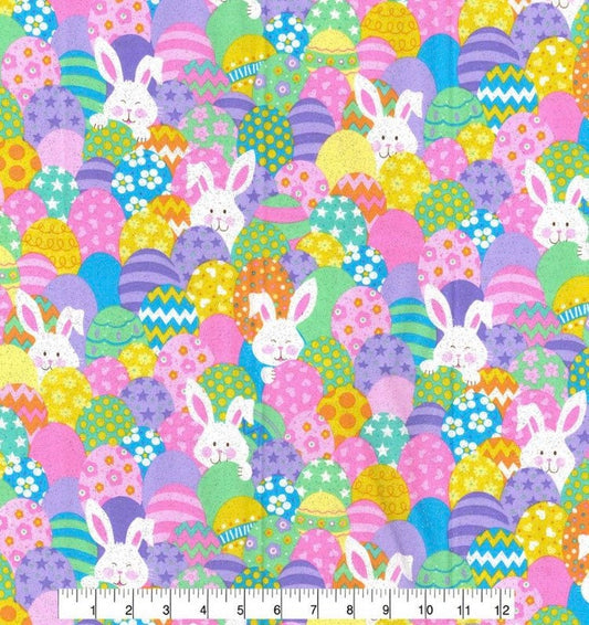 Glitter Accent Easter Eggs and bunnies glitter cotton fabric-  100% Cotton Continuous Cuts