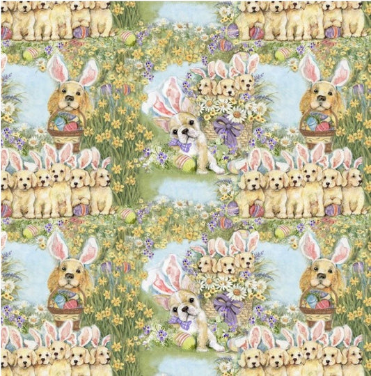 Dog bunnies all over fabric- Susan Winget  100% Cotton Continuous Cuts