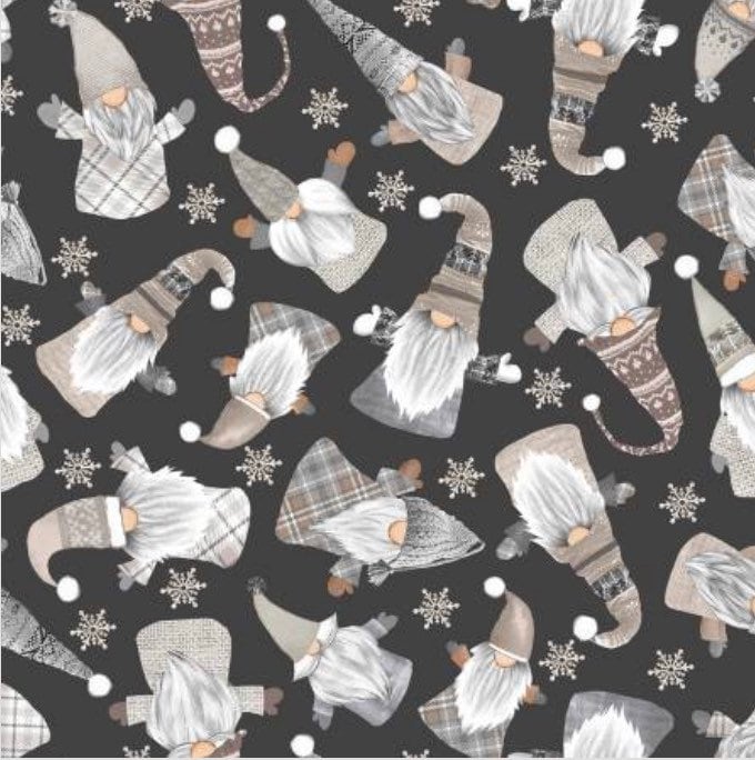 Black Snow Gnomes Allover cotton Fabric- 100% Cotton - Continuous Cuts