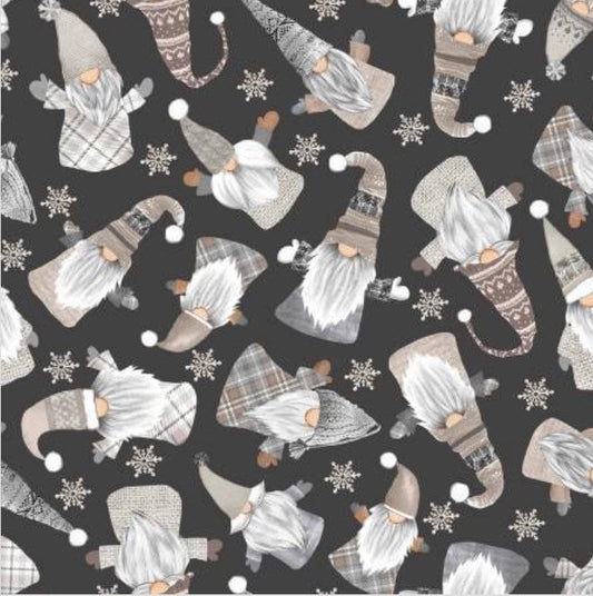 Black Snow Gnomes Allover cotton Fabric- 100% Cotton - Continuous Cuts