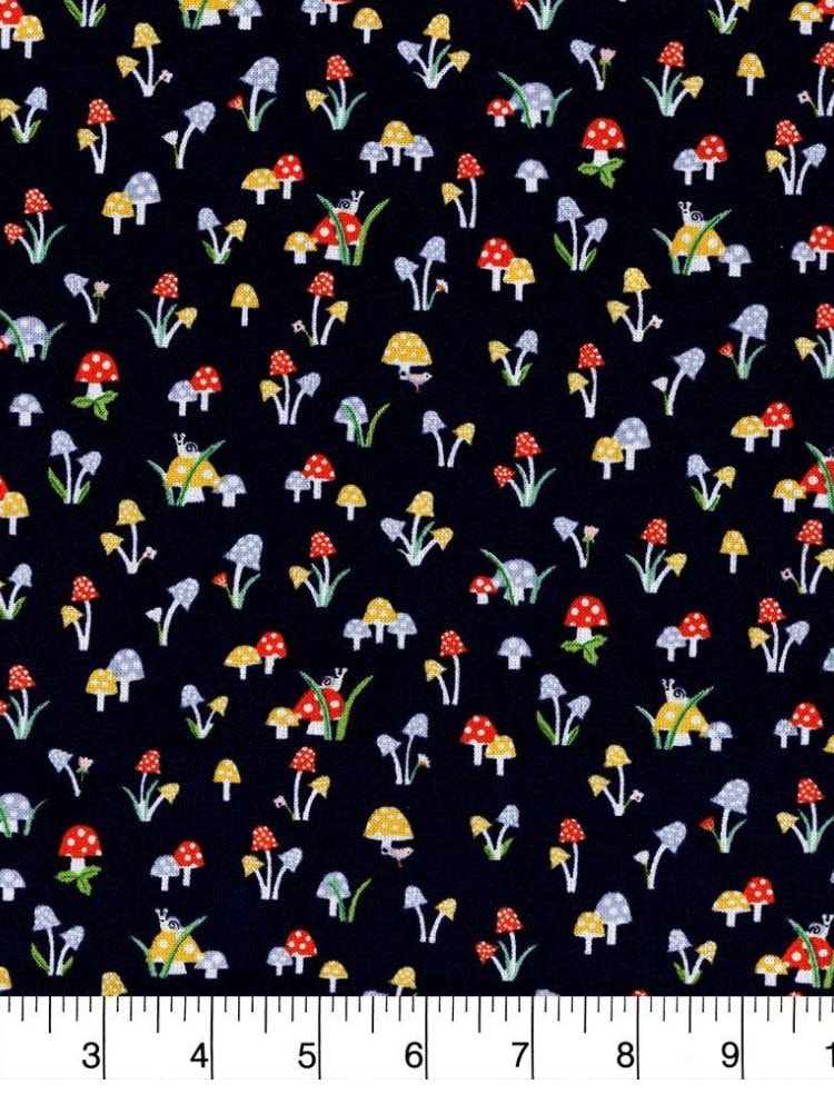 Mini mushrooms on dark navy fabric- 100% Cotton -