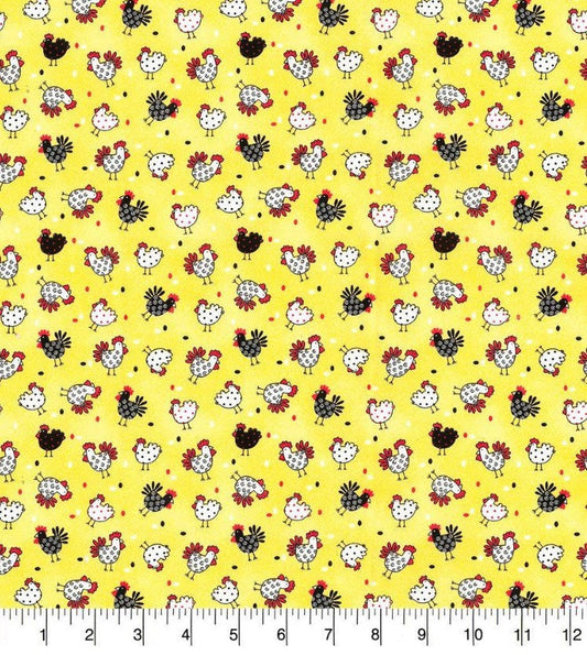 Patterned Chickens on yellow - Fabric - 100% Cotton